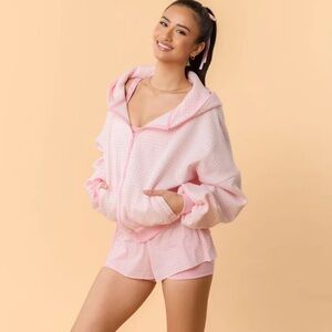 Blogilates Women's Marshmallow Full Zip Hooded Sweatshirt - Pink Gingham M